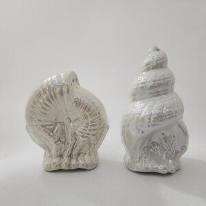 Clam and Spiral Conch Shell Salt & Pepper Shakers Set Iridescent Pearl Ceramic